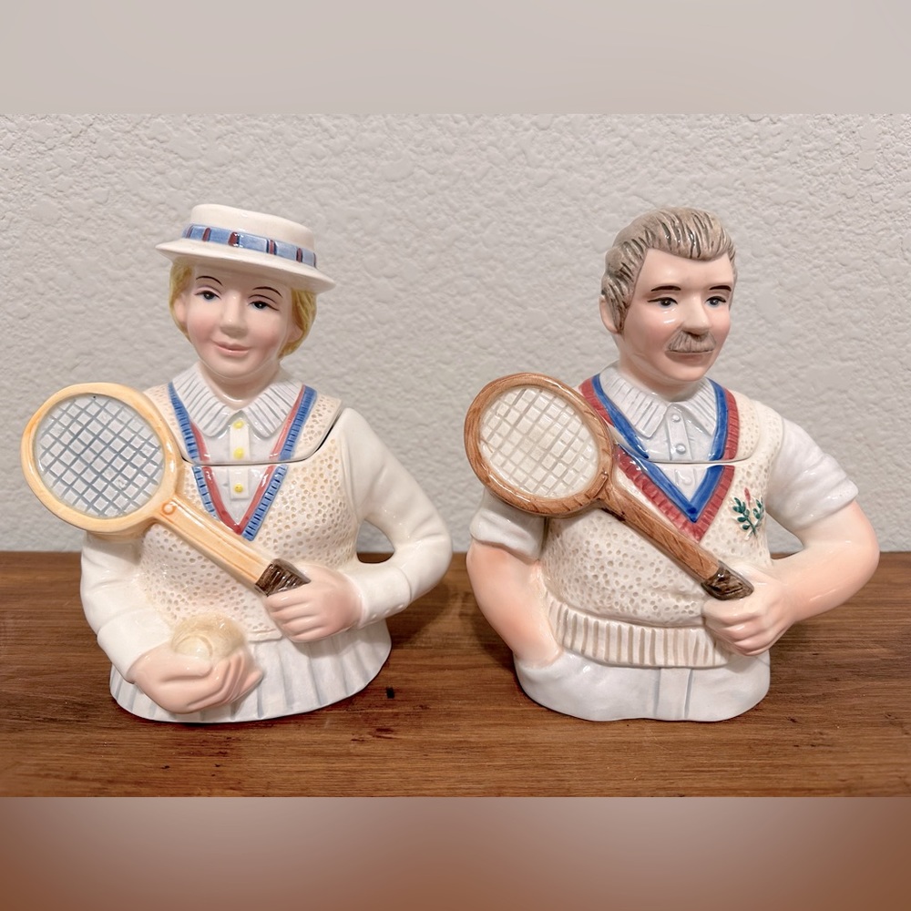 Set of 2 Fitz and Floyd Tennis Tea Pot 1994 ‎ Man and Woman Tennis